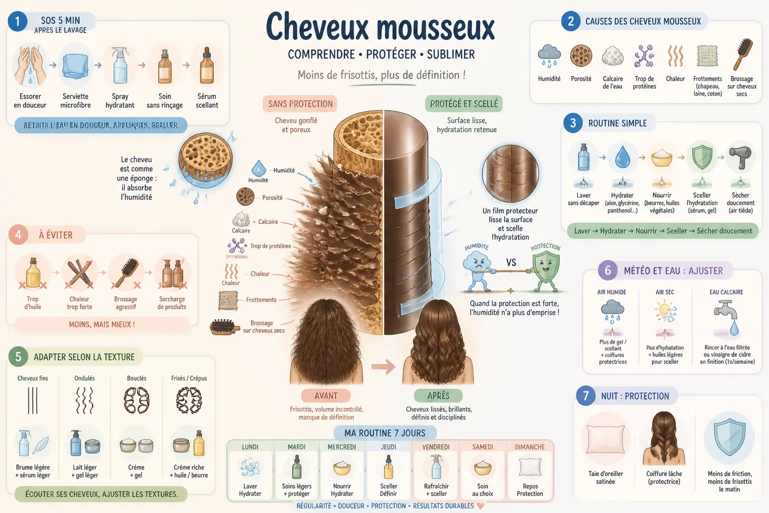 Infographie sur cheveux mousseux que faire : causes, routine, soins, nuit et astuces anti-frisottis.