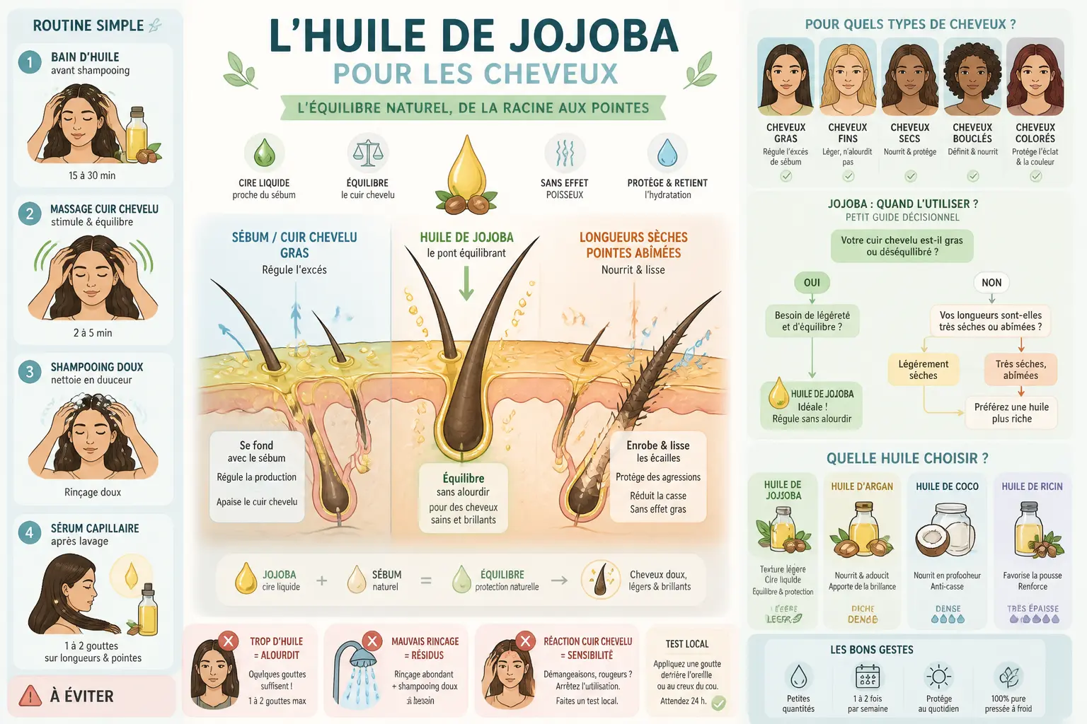 Infographie sur l’huile jojoba pour les cheveux : cuir chevelu gras, pointes sèches, gestes et comparaisons.