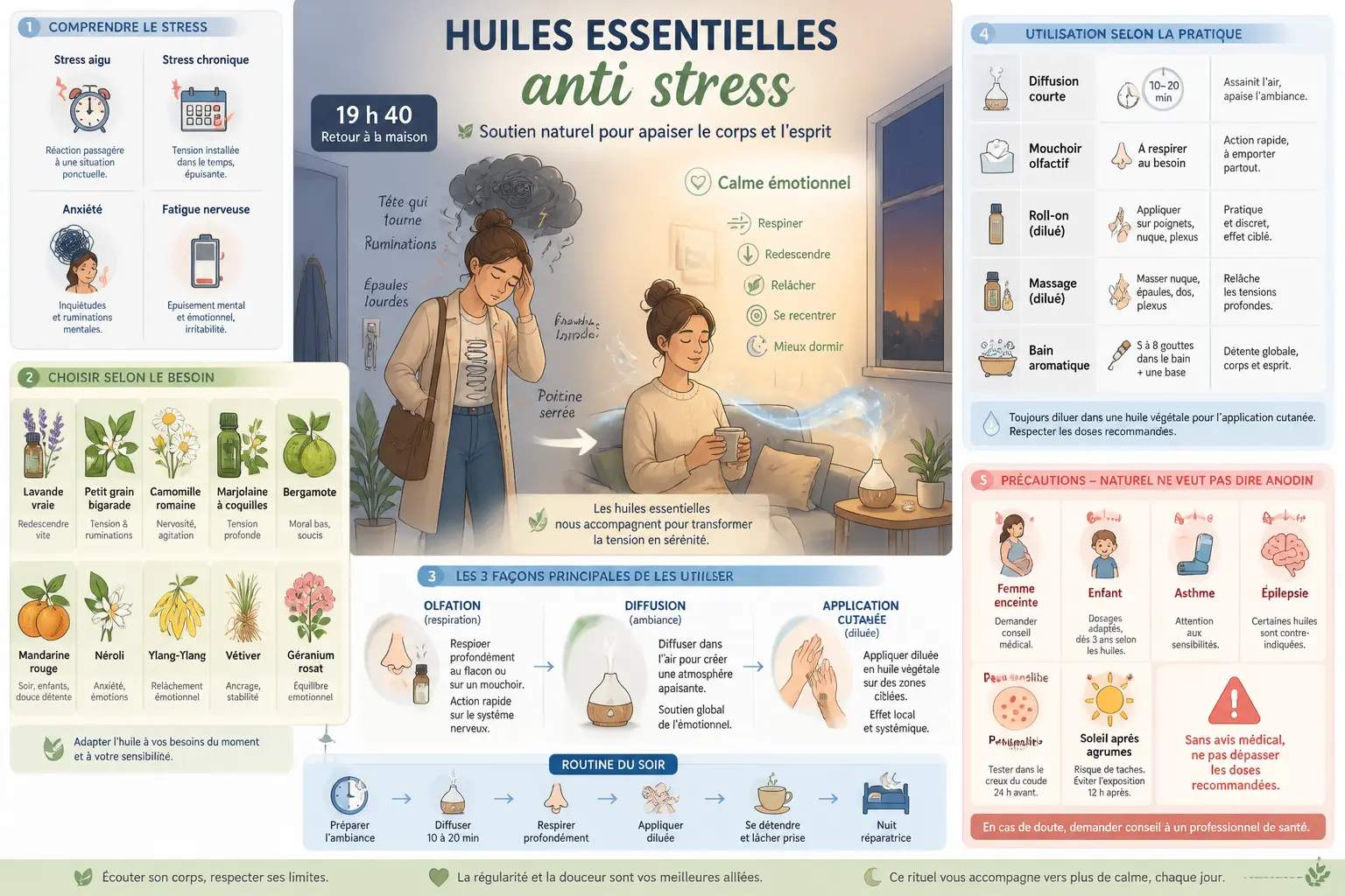 Infographie sur les huiles essentielles anti stress : soirée apaisée, usages, précautions et choix selon le besoin.
