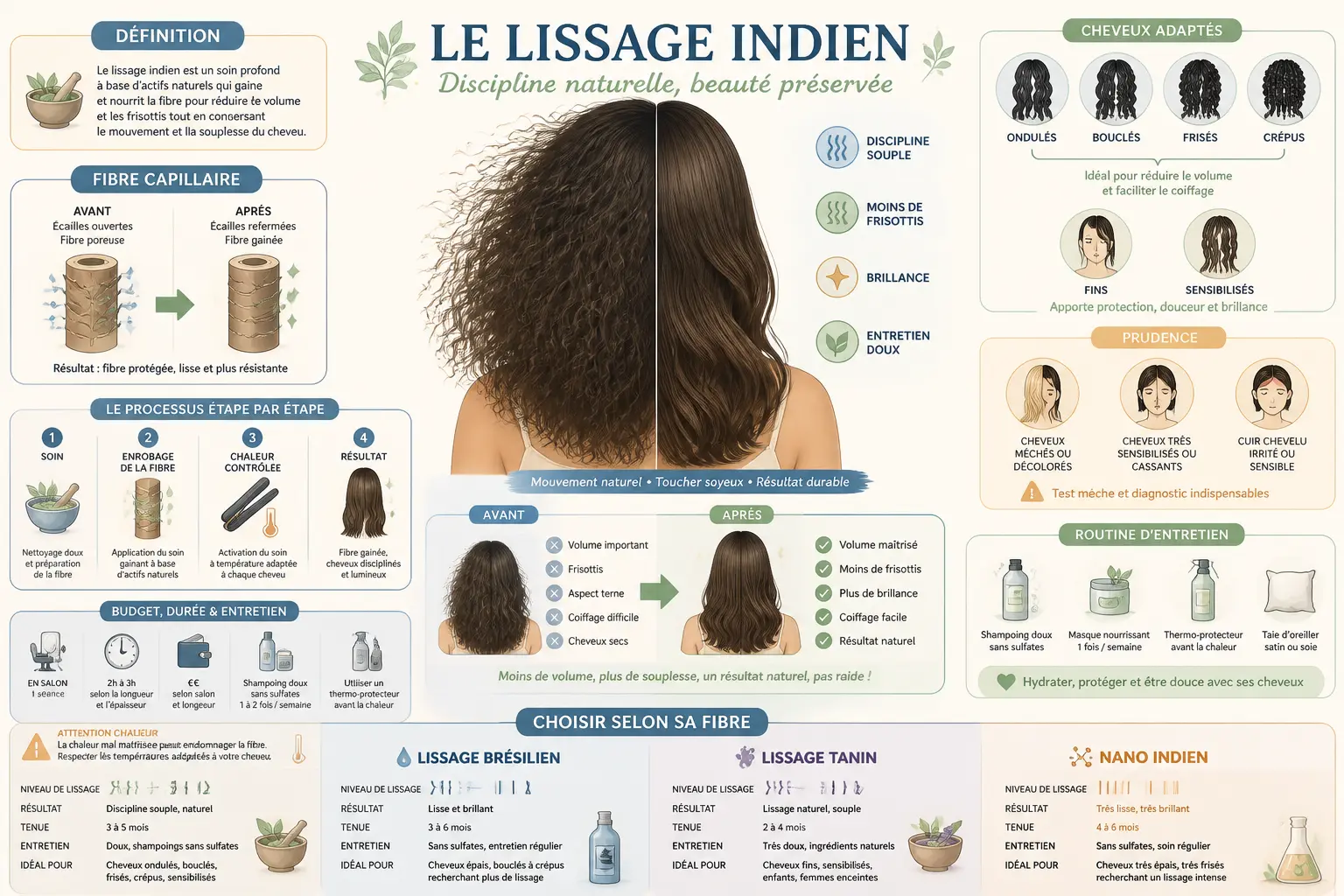 Infographie sur le lissage indien : avant/après, fibre capillaire, types de cheveux, entretien et précautions.