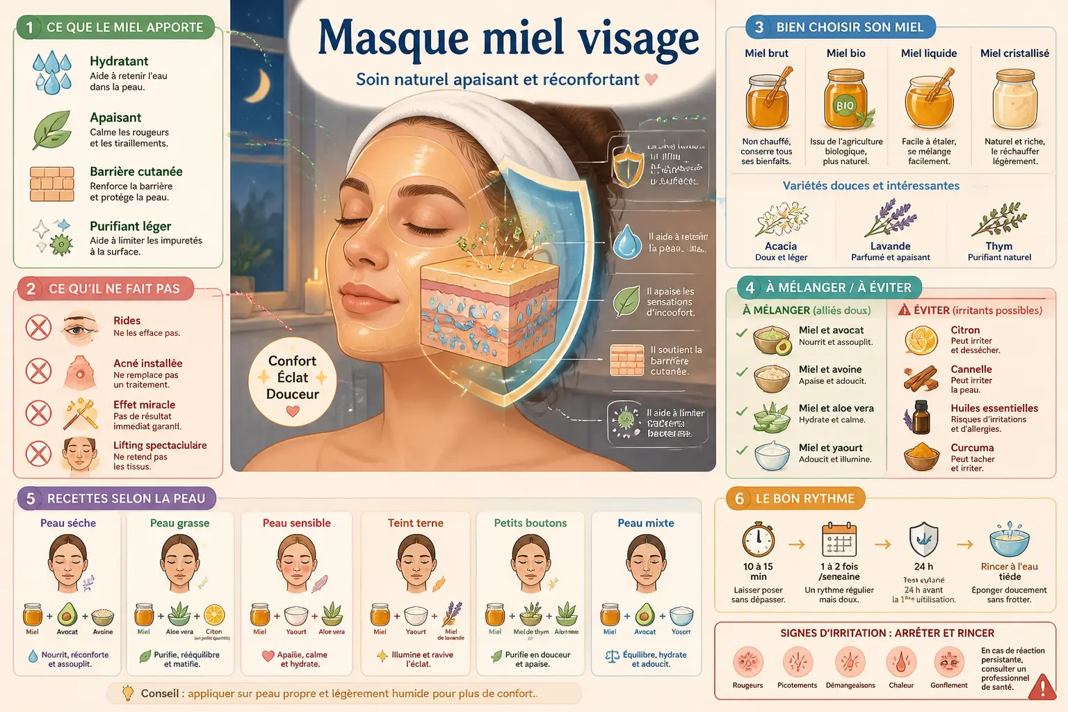 Infographie sur le masque miel visage : bienfaits, recettes, précautions et rythme d’application.