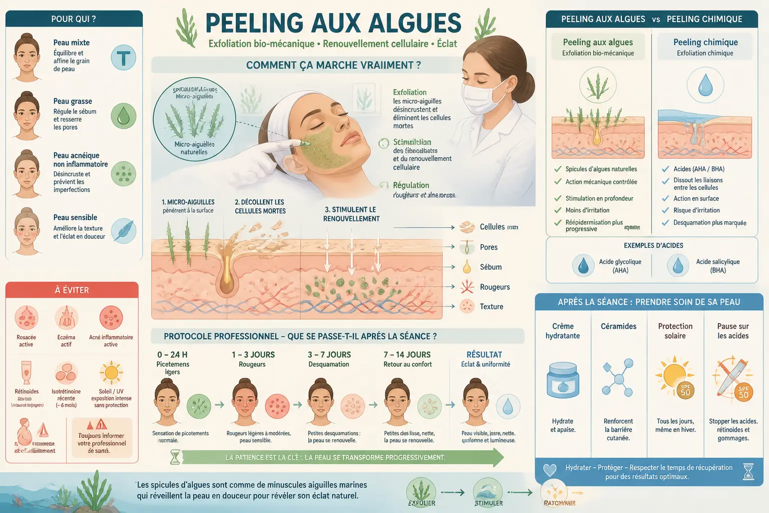 Infographie sur le peeling aux algues : mécanisme, profils adaptés, contre-indications, résultats et soins.