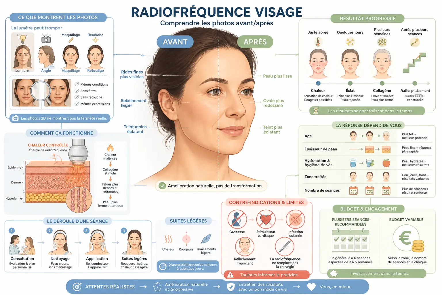 Infographie radiofréquence visage avant après : résultats progressifs, limites, photos trompeuses et précautions.
