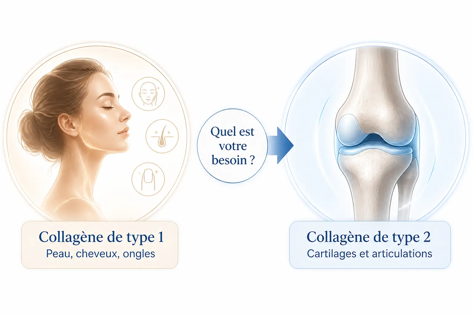 Comparatif collagene type 1 ou 2 : visage pour peau, cheveux, ongles et genou pour articulations