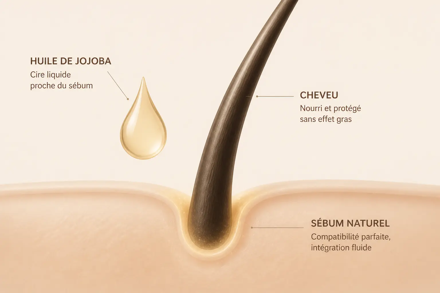 Huile jojoba pour les cheveux : goutte légère sur cuir chevelu et mèche, effet sébum compatible