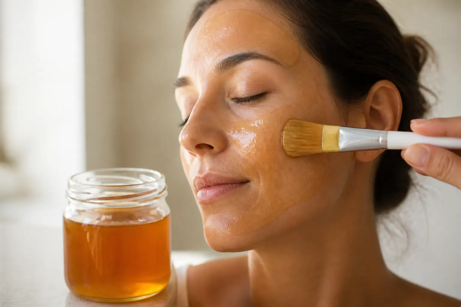 Masque miel visage appliqué au pinceau sur une peau apaisée, avec pot de miel en verre