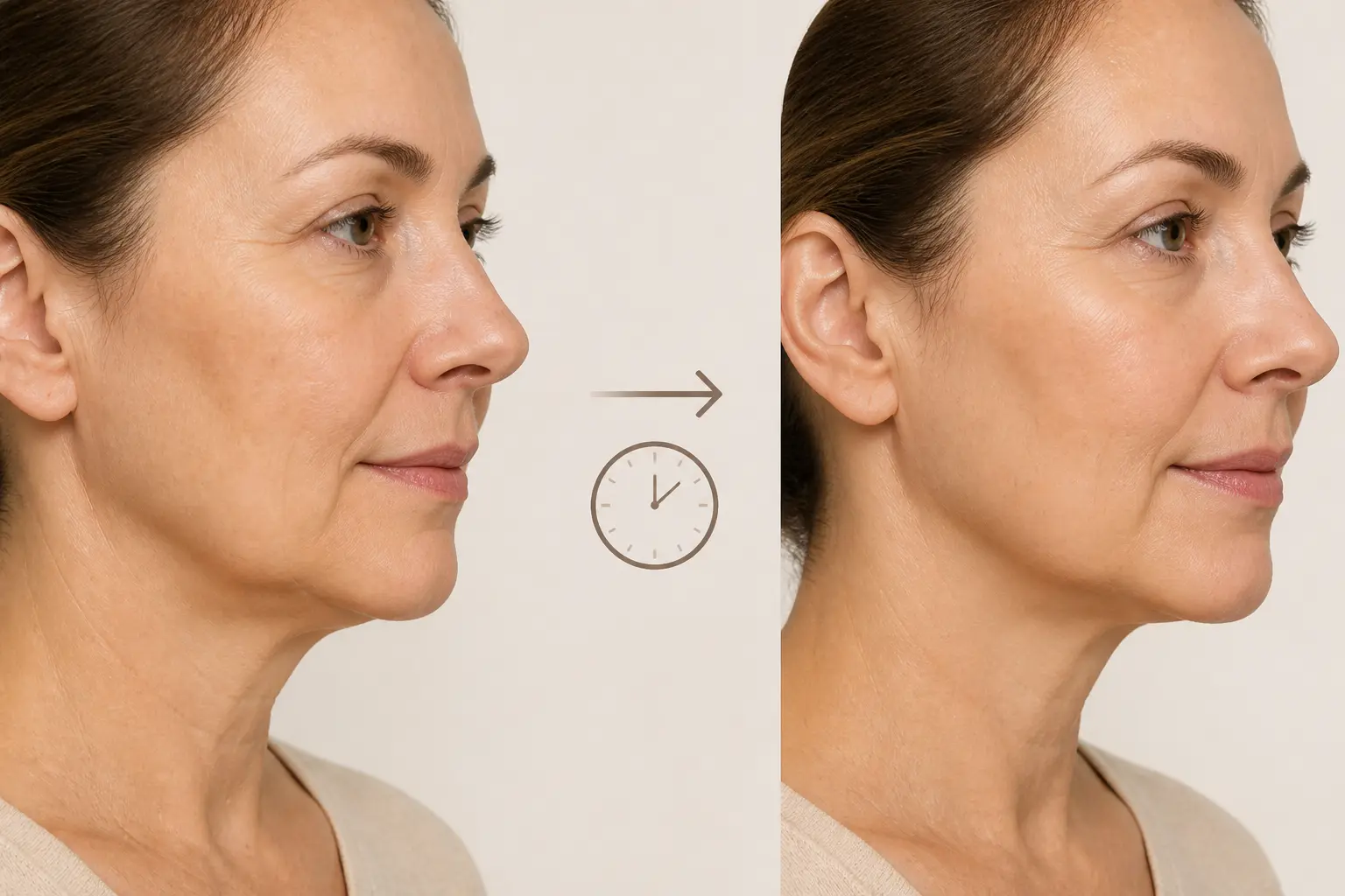 Radiofréquence visage avant après : profil féminin, peau plus ferme et ovale du visage légèrement redéfini