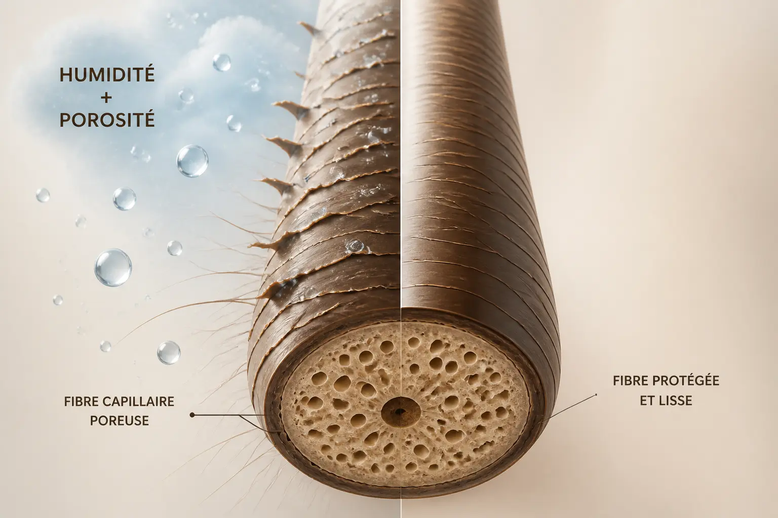 Cheveux mousseux que faire : schéma d’une mèche poreuse face à l’humidité et à une fibre lisse.