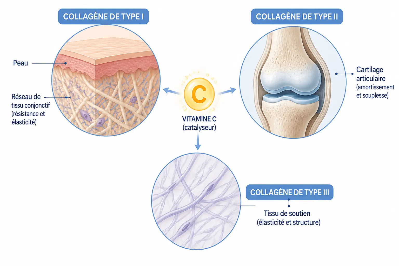 Schéma éducatif du collagene type 1 ou 2 : peau, cartilage articulaire et tissu de soutien, avec vitamine C.