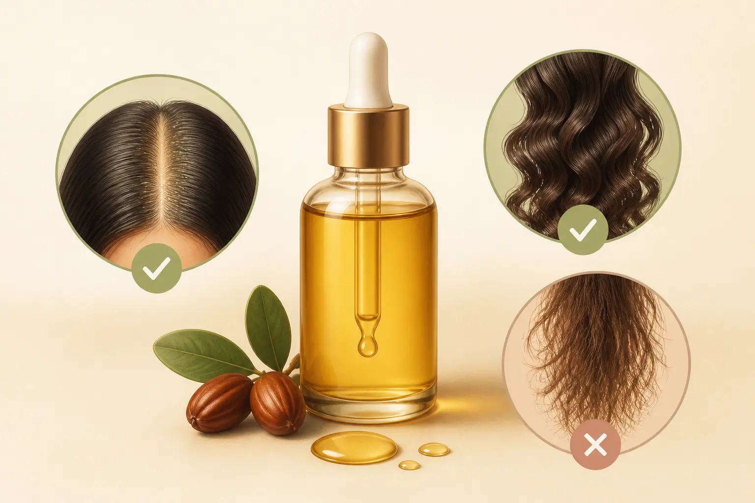 Huile jojoba pour les cheveux : flacon central, cuir chevelu gras, boucles souples et avertissement cheveux très abîmés
