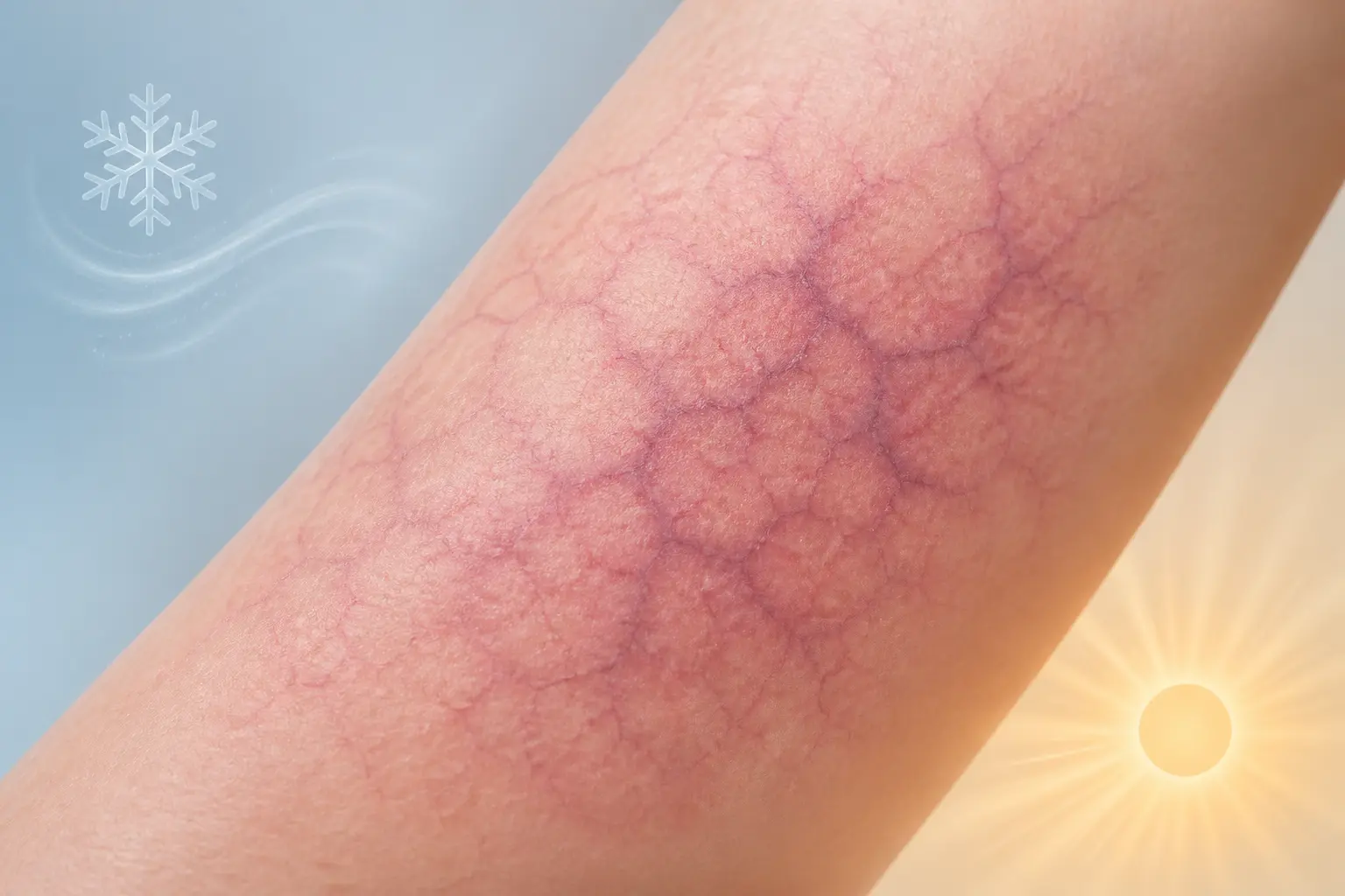 Marbrures peau sur peau humaine, motif en réseau rouge-violet lié au froid et au retour du sang