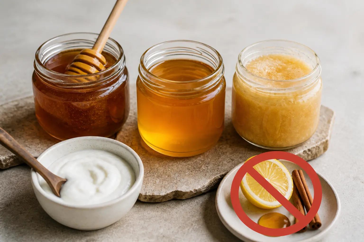 Masque miel visage : trois miels en pots, yaourt apaisant et avertissement sur citron et cannelle.