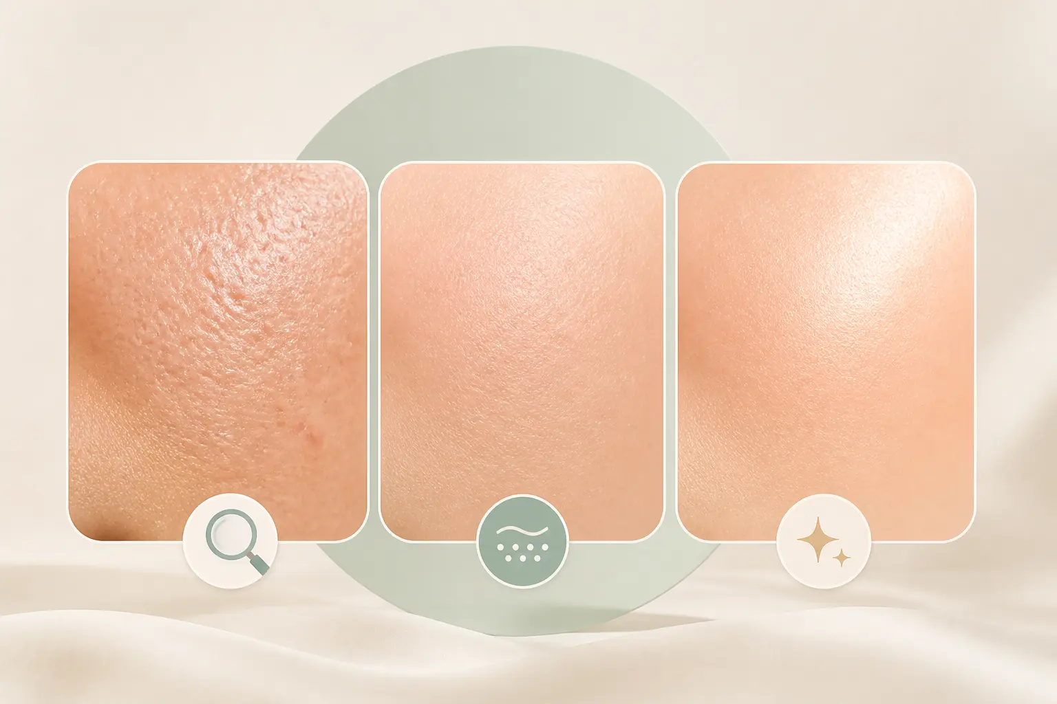 Peeling aux algues : schéma de peaux mixtes à grasses avec pores visibles, texture affinée et éclat subtil.