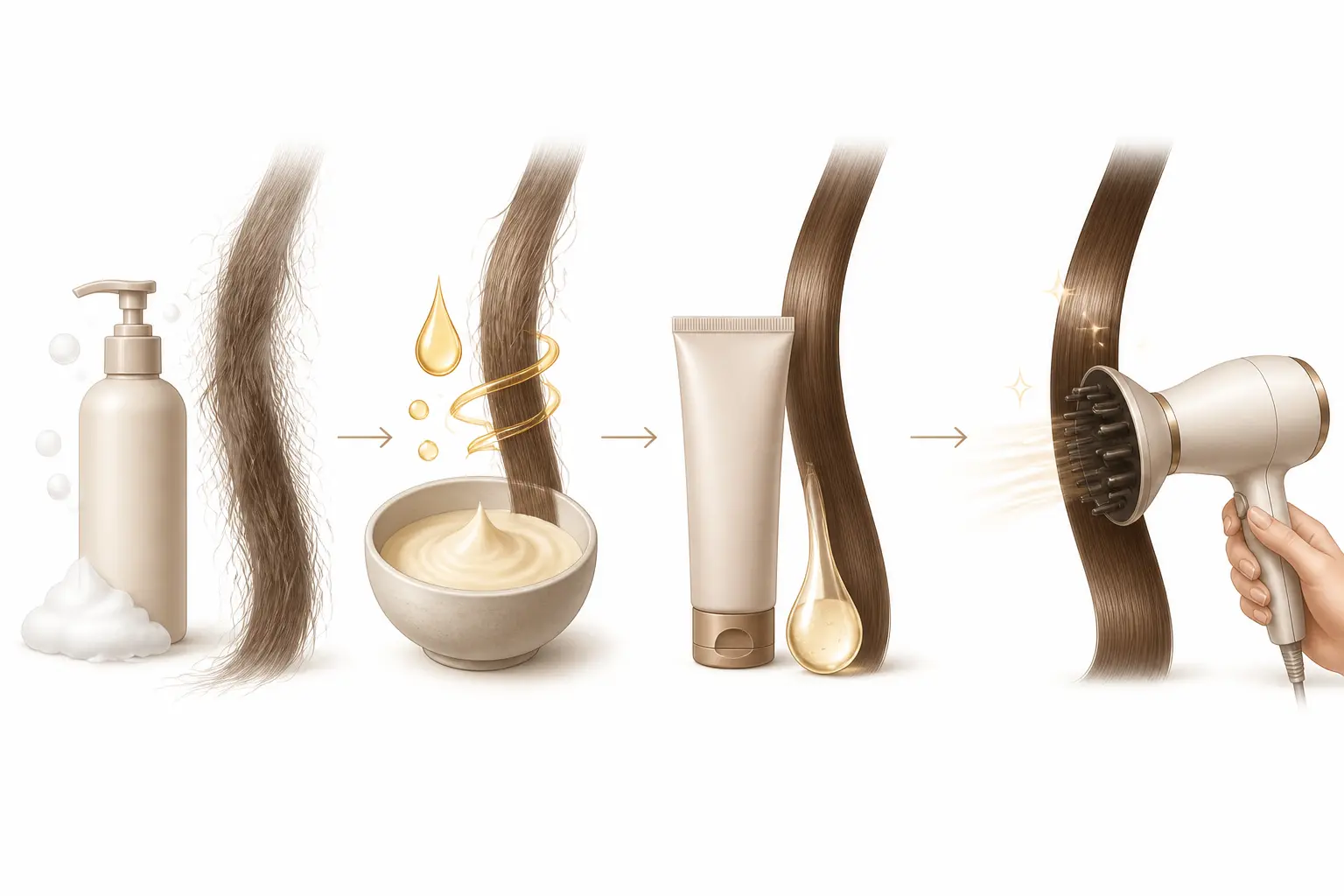 Cheveux mousseux que faire : routine anti-frisottis en 4 étapes, shampooing, masque, soin leave-in et séchage doux.