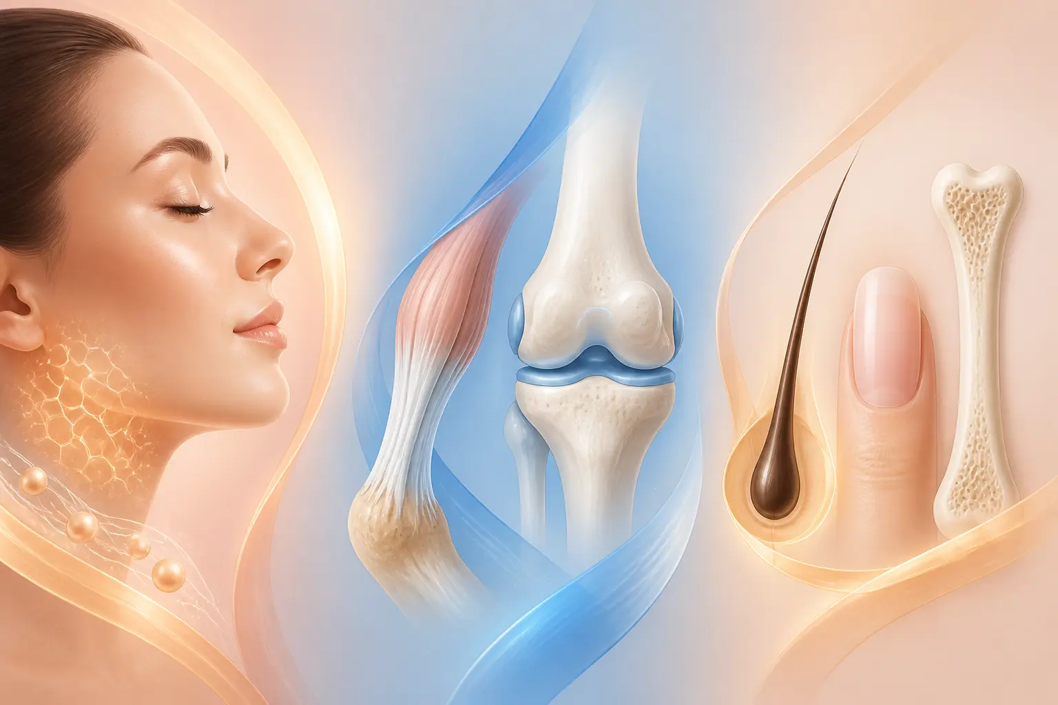 Comparaison collagene type 1 ou 2 : peau, articulations, cheveux, ongles et os en triptyque épuré