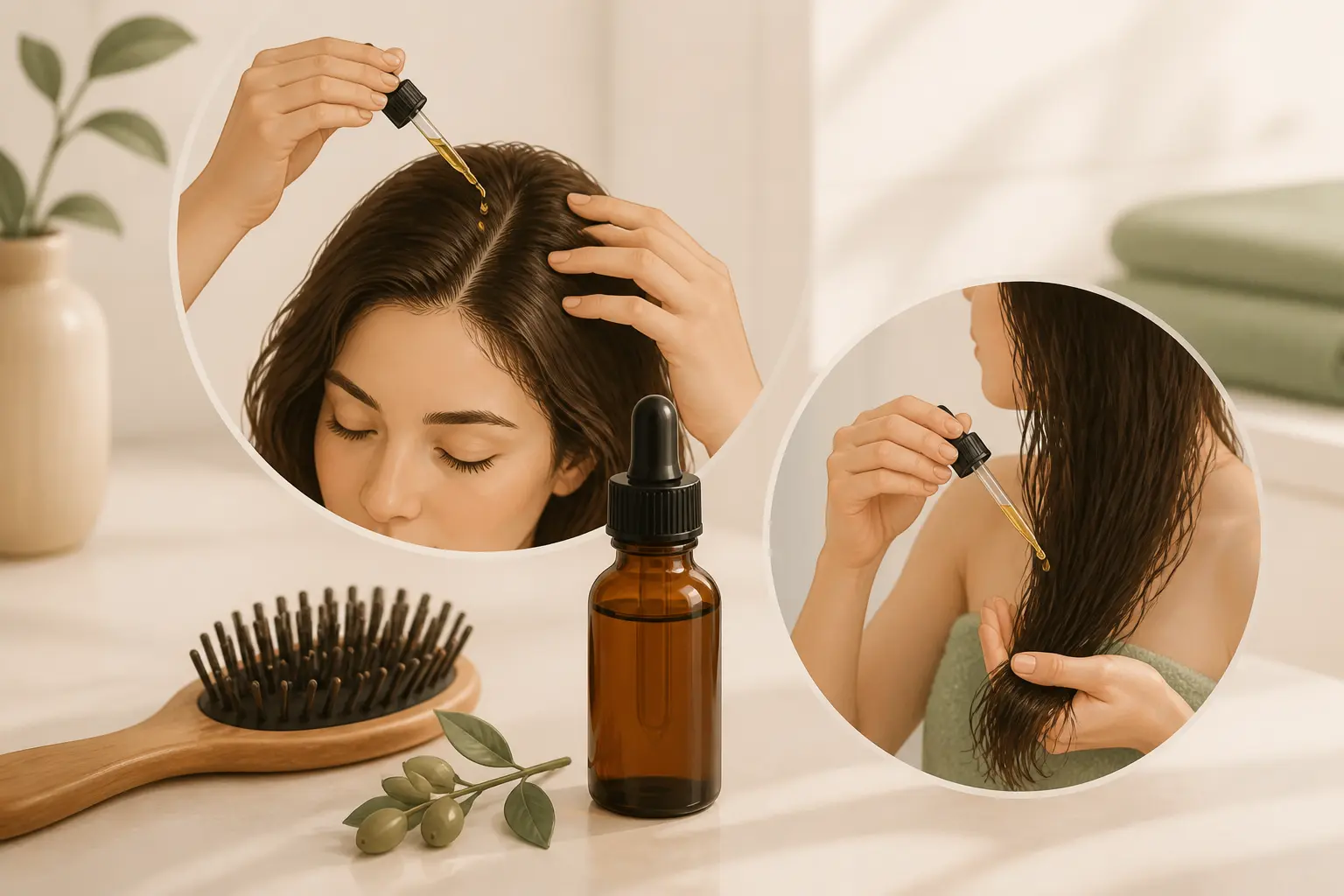 Huile jojoba pour les cheveux : flacon compte-gouttes, brosse et application sur le cuir chevelu avant shampoing.