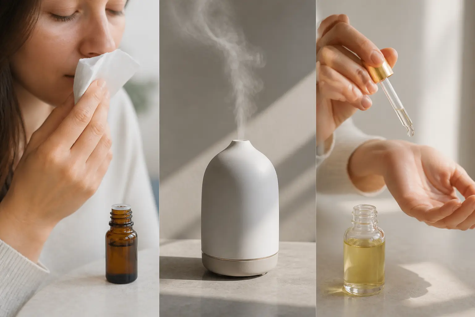 Huiles essentielles anti stress : diffusion, inhalation sur mouchoir et massage du poignet avec huile diluée.