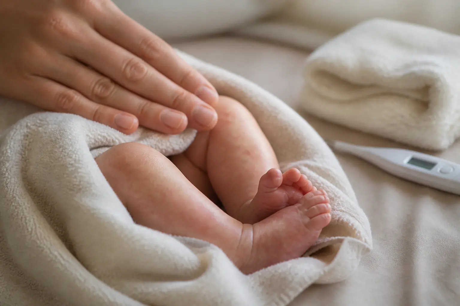 Marbrures peau sur les jambes d’un nouveau-né après le bain, avec parent vérifiant sa température.