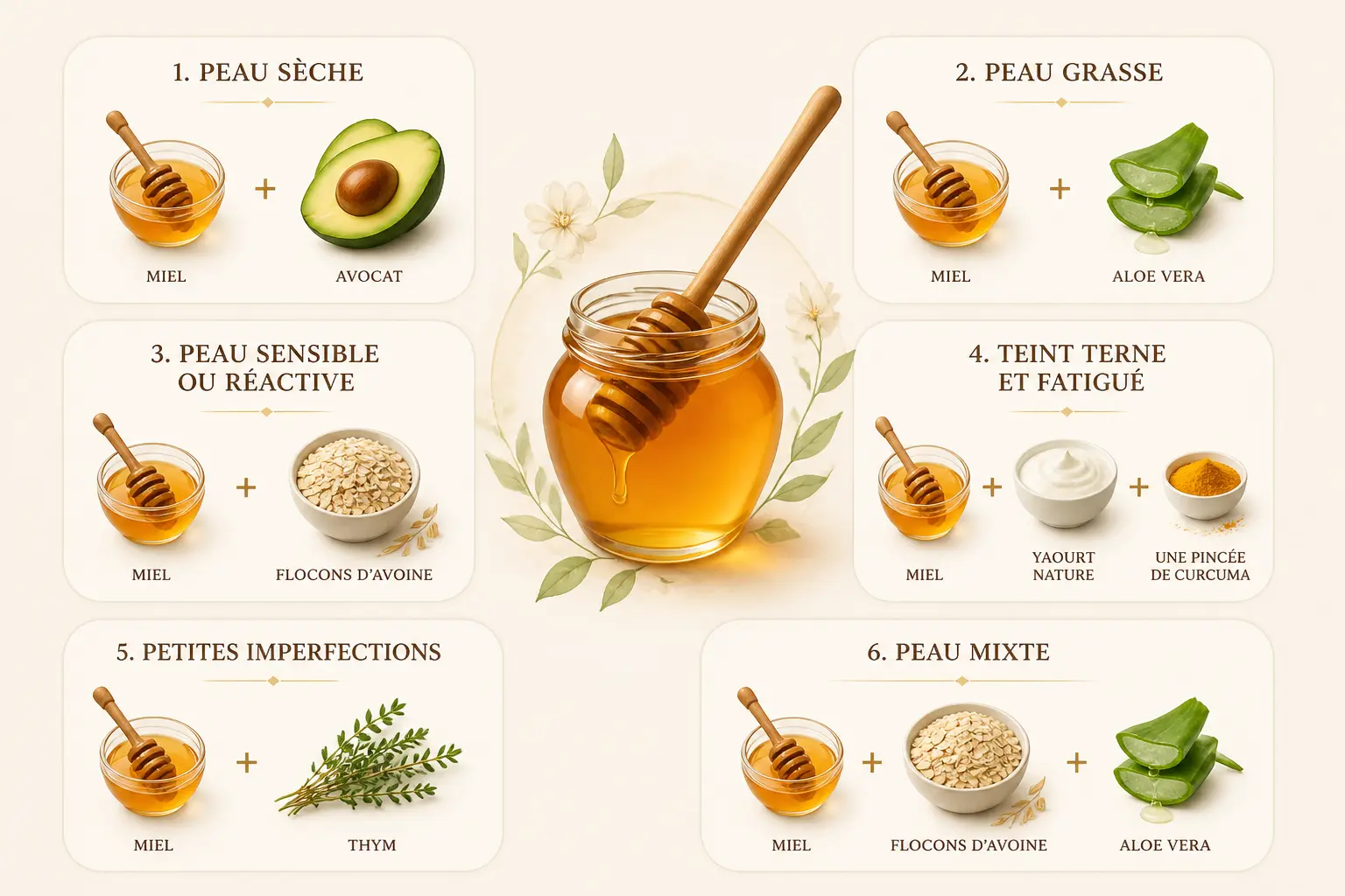 Masque miel visage : six recettes simples selon la peau, autour d’un pot de miel central