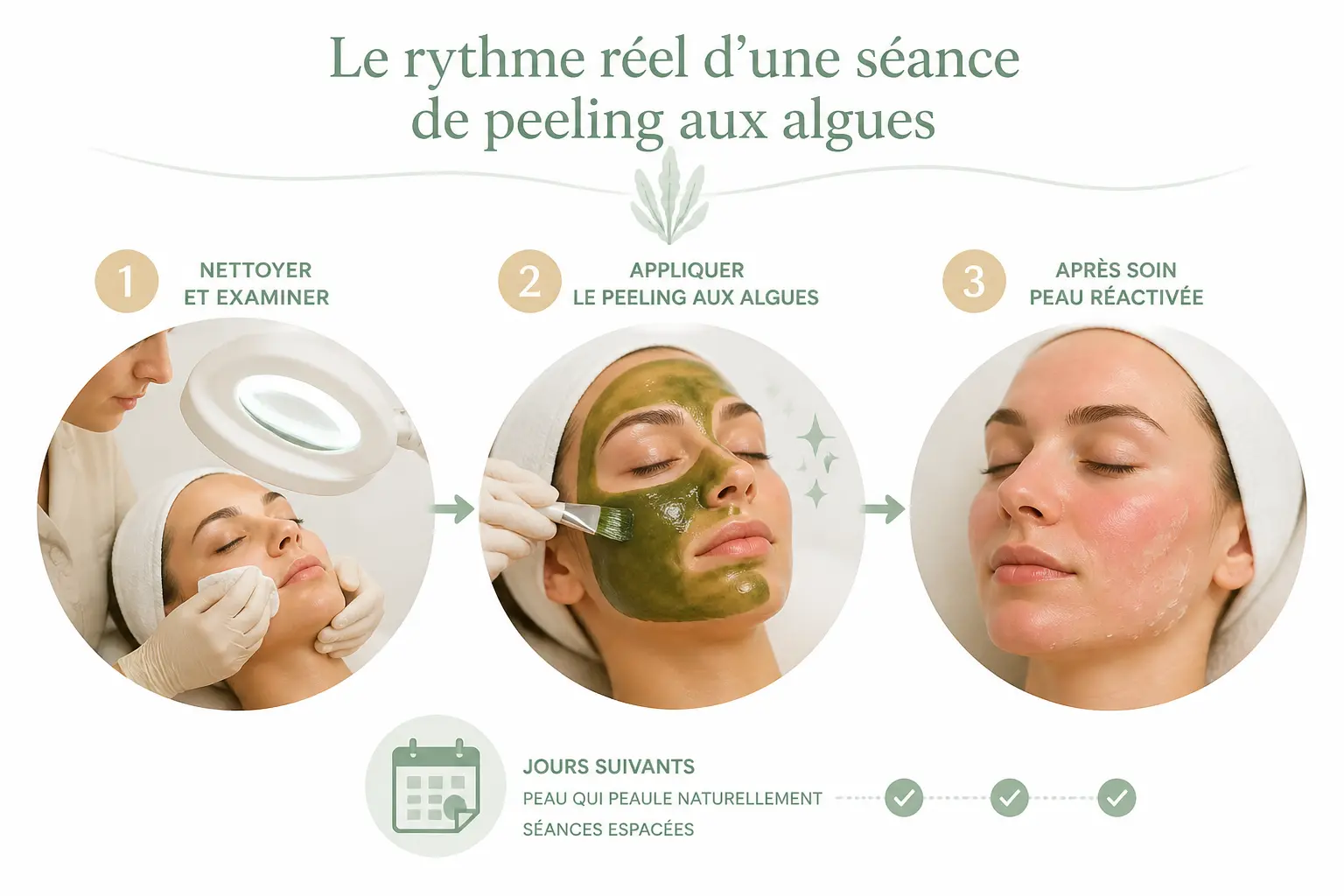 Peeling aux algues en 3 étapes : nettoyage, pose du masque vert, puis rougeurs et desquamation légère