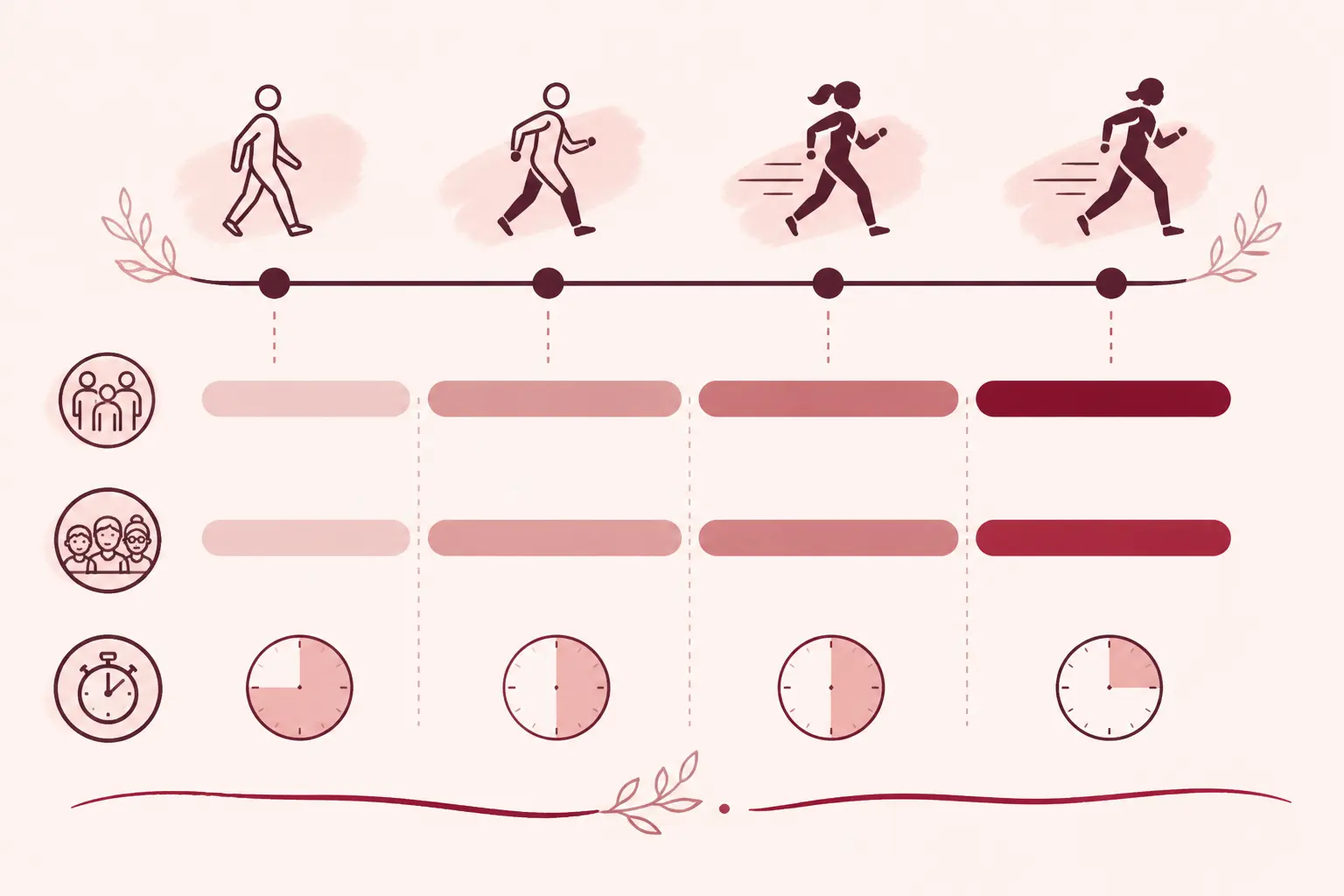 Infographie sur la vitesse de marche selon âge km/h, échelle de 3 à 7 km/h avec repères d’allure et temps par km.