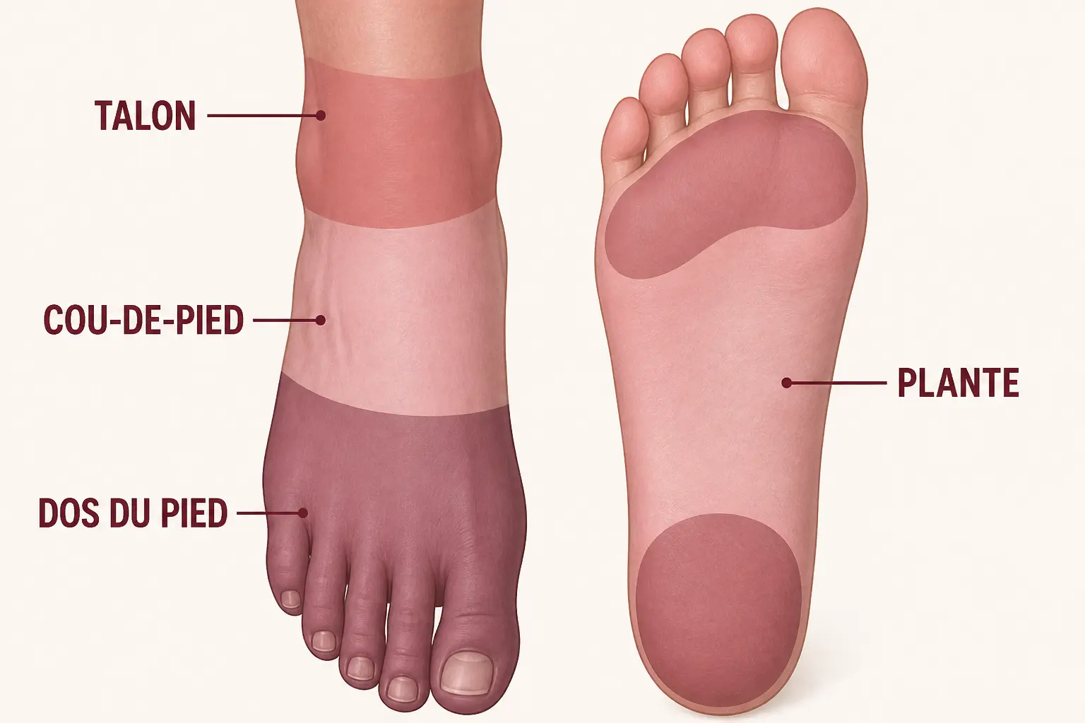 Anatomie pied : schéma du pied vu de dessus et de dessous, avec talon, cou-de-pied, plante et dos du pied.