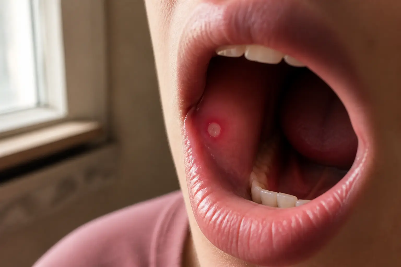 Aphte huile essentielle : gros plan d’un aphte blanc cerclé de rouge sur la joue, dans une bouche ouverte en salle de bain.