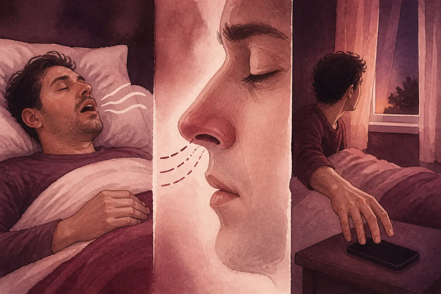 Illustration de l’apnée du sommeil remede de grand mere : dormeur, nez bouché et réveil près d’une fenêtre ouverte