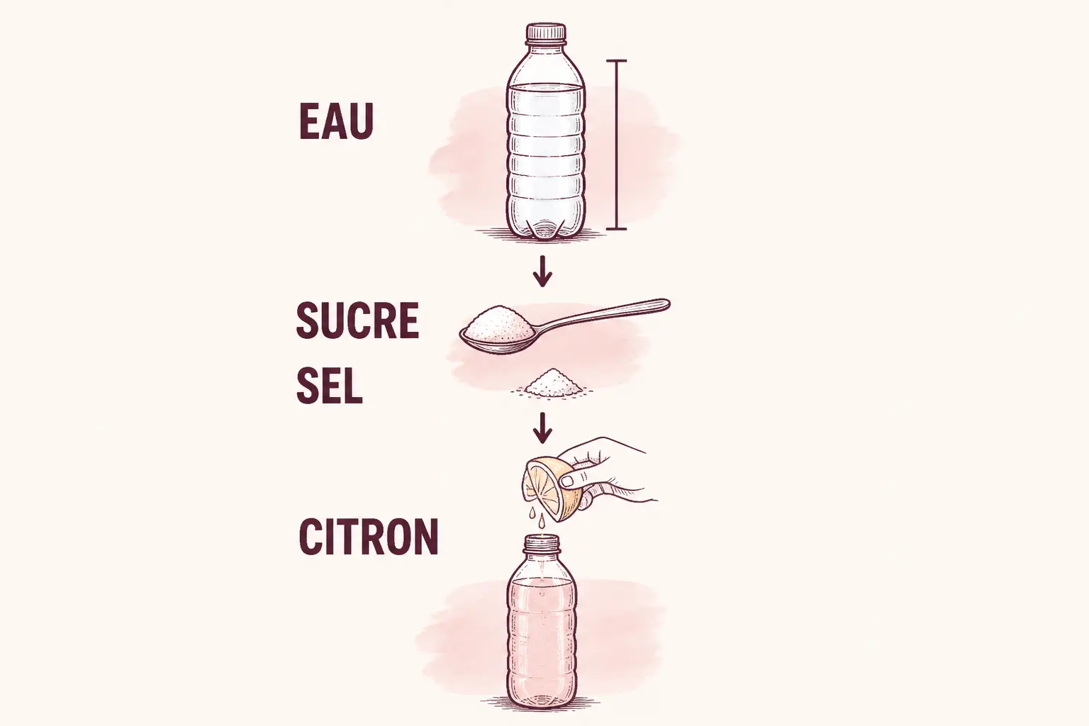 Infographie pas à pas d’une boisson isotonique maison : eau, sucre, sel et citron, bouteille finale prête en 2 minutes.