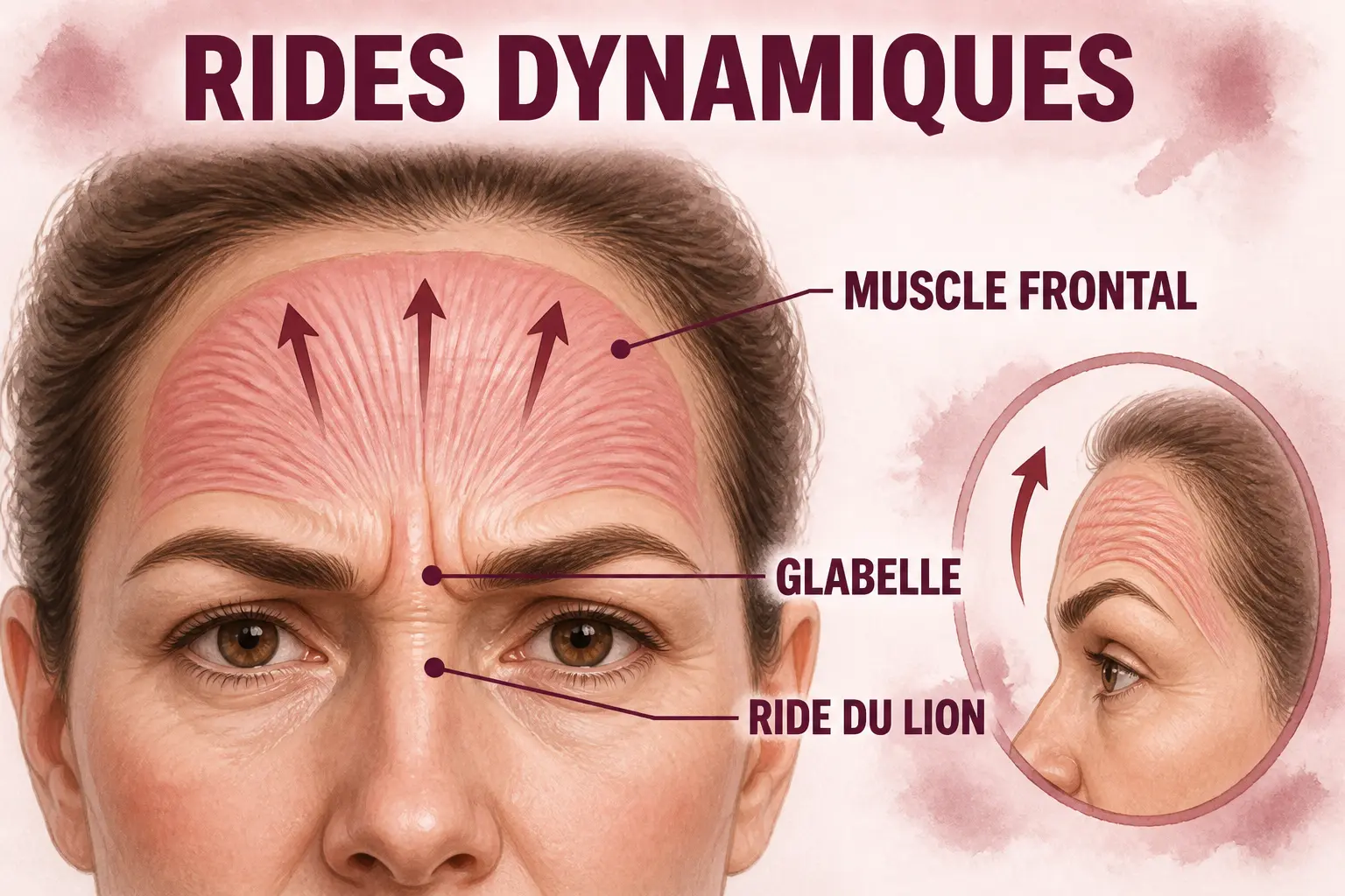 Schéma médical du botox front montrant rides du lion, glabelle et muscle frontal avec flèches de contraction.