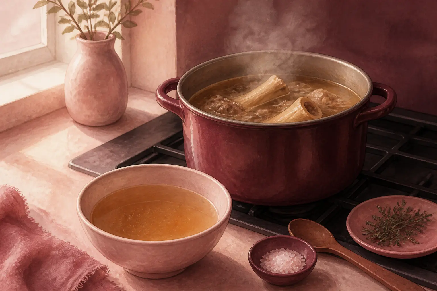 Bouillon d'os danger : casserole de bouillon frémissant, bol, os, sel et herbes dans une cuisine chaleureuse.
