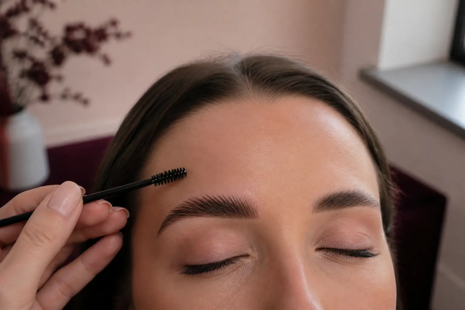brow lift avant après : gros plan d’un sourcil relevé et d’un sourcil naturel, avec main de maquilleur en salon lumineux