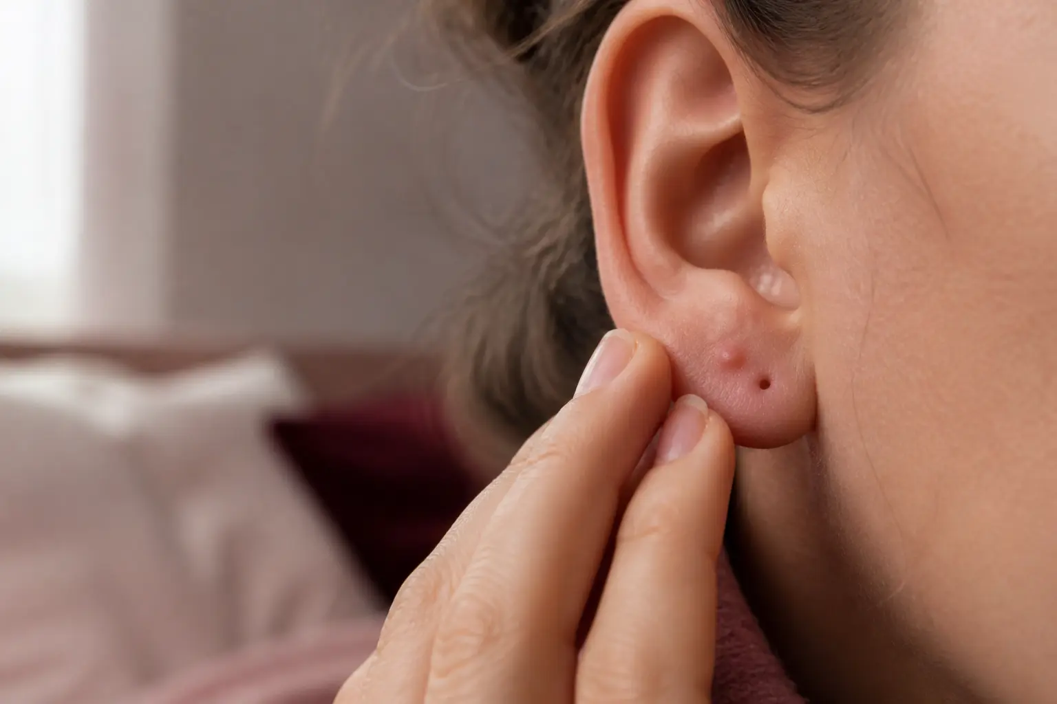 Chéloide piercing sur lobe d’oreille : petite bosse rosée près du trou, doigt la touchant doucement, lumière douce