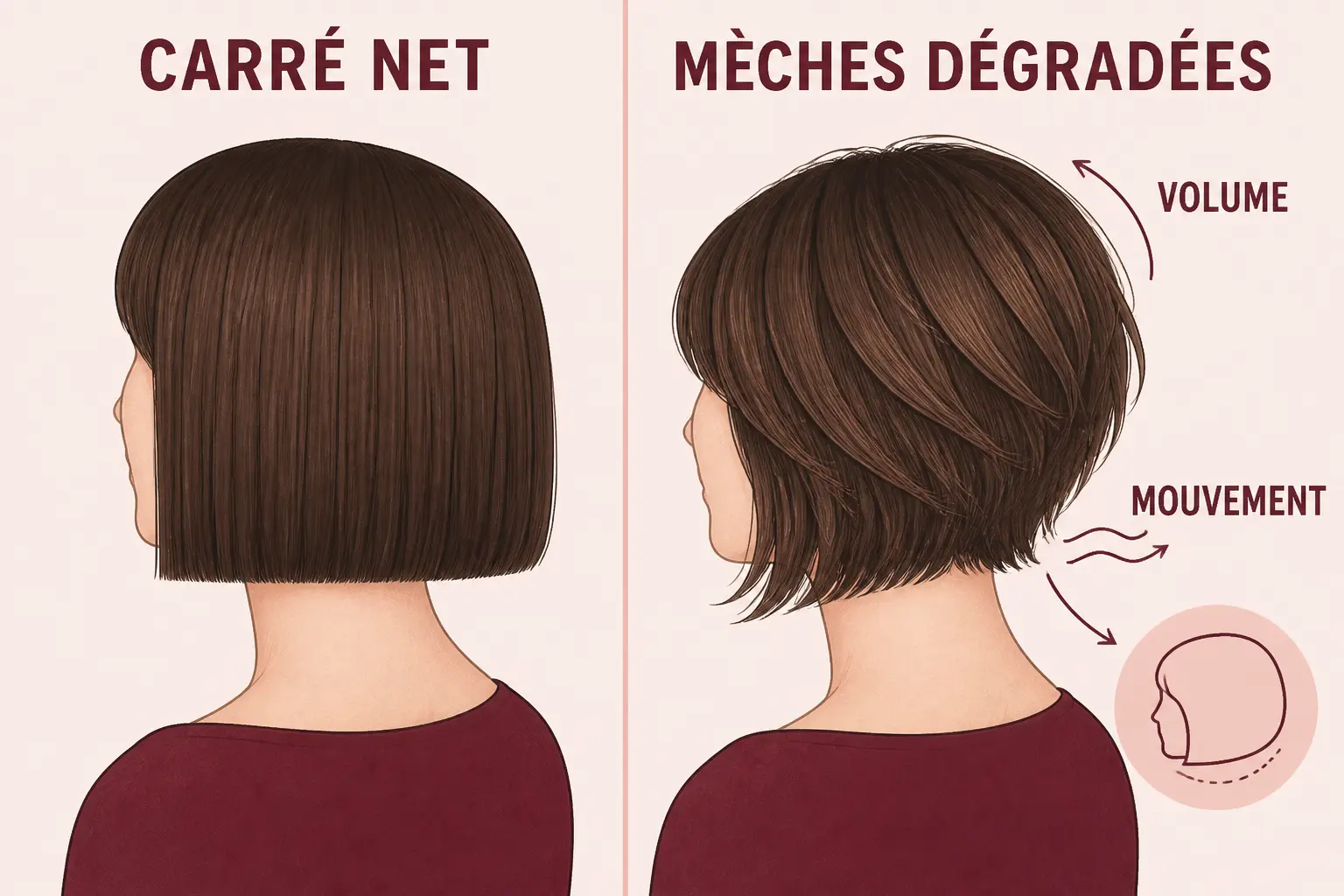Comparaison d’une coiffure au carré dégradé et d’un carré net, montrant longueurs graduées, volume et mouvement.