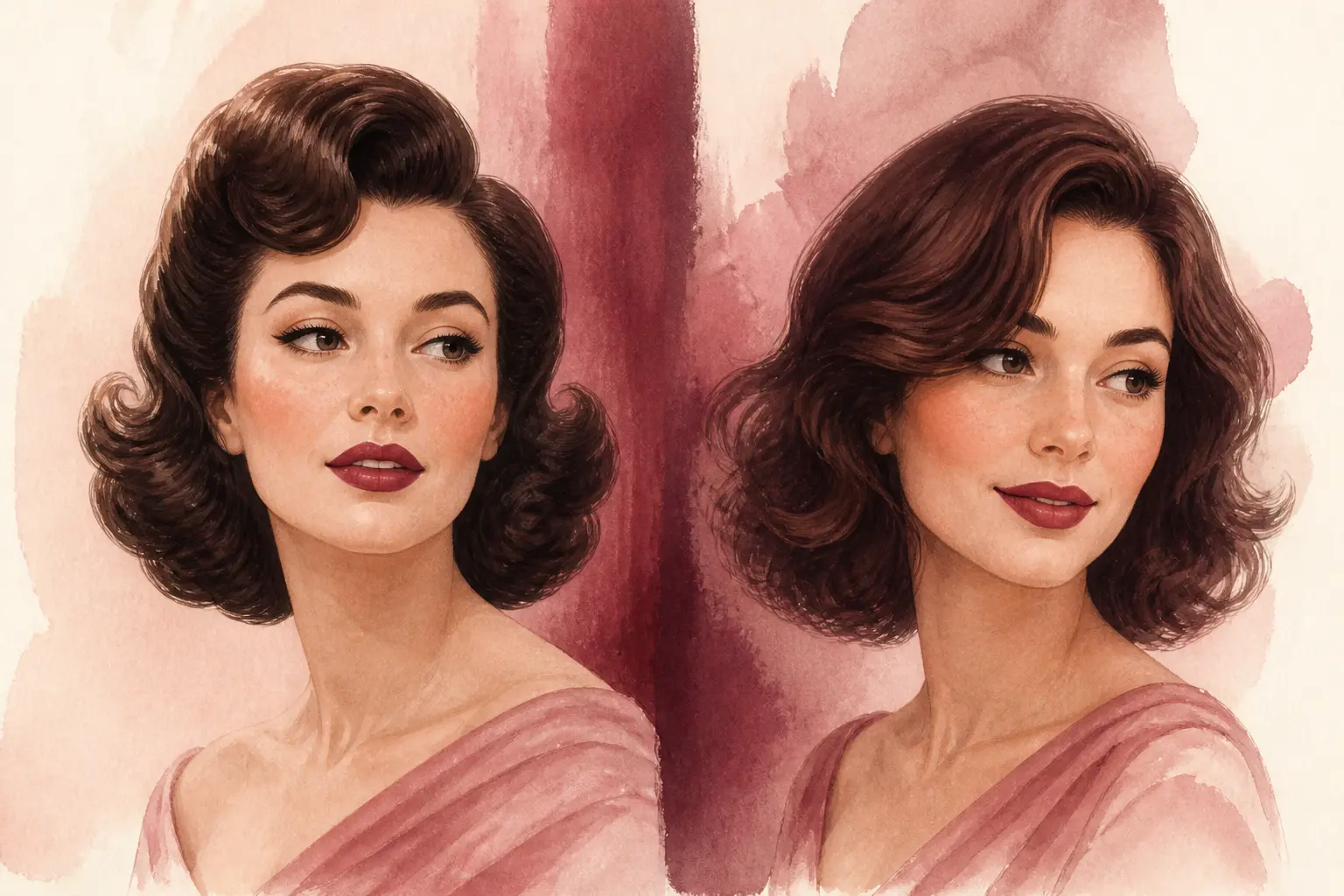 Coiffure des années 50 en illustration aquarelle, comparaison entre volume rétro sculpté et version moderne plus douce.