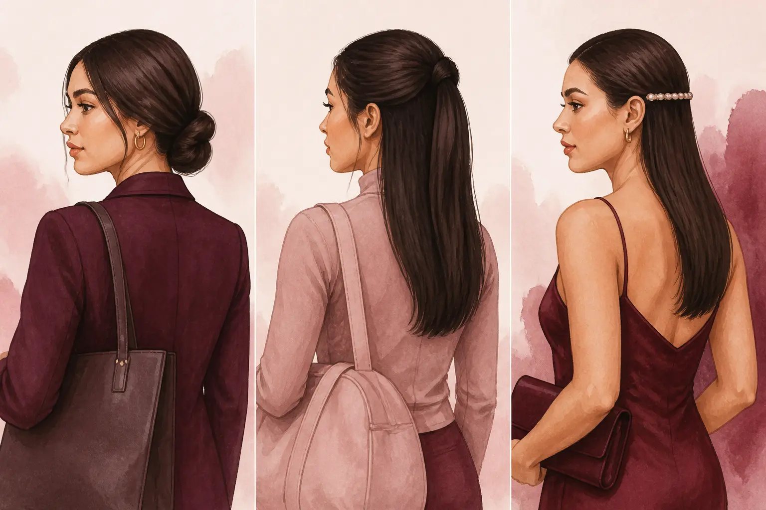 Coiffures pour cheveux lisses : trois looks du matin au soir, twist bas, demi-queue et style plaqué avec accessoire.