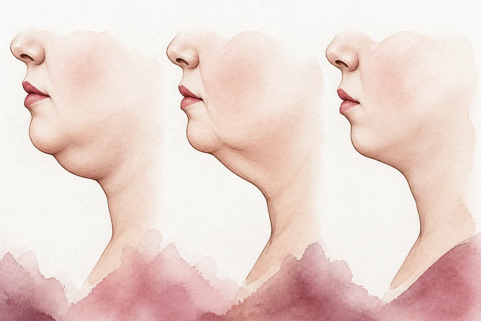 Double menton que faire : triptyque illustrant graisse sous-mentonnière, peau relâchée et menton fuyant.
