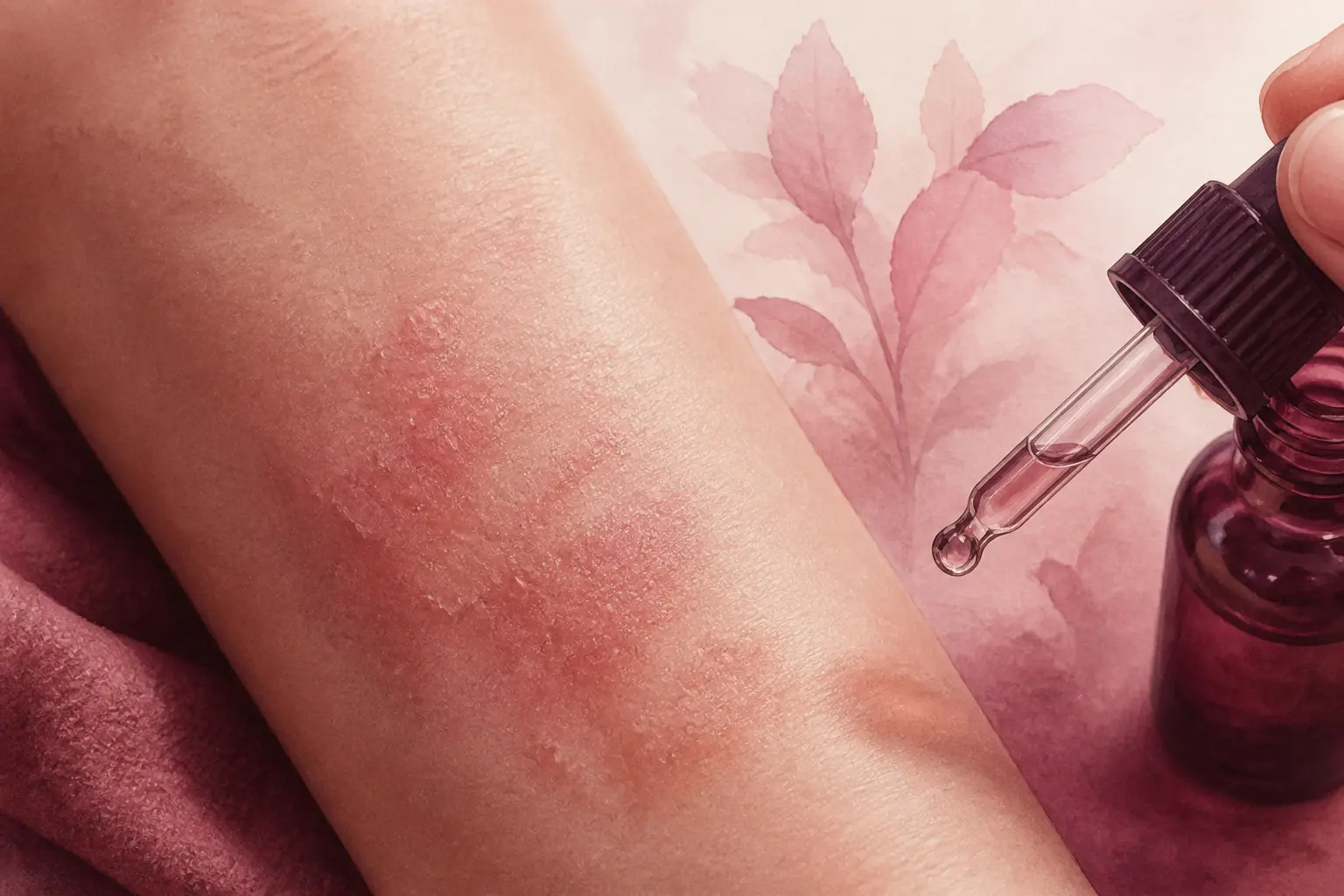 eczema huiles essentielles : avant-bras irrité avec plaques sèches et flacon compte-gouttes tenu à distance, style aquarelle