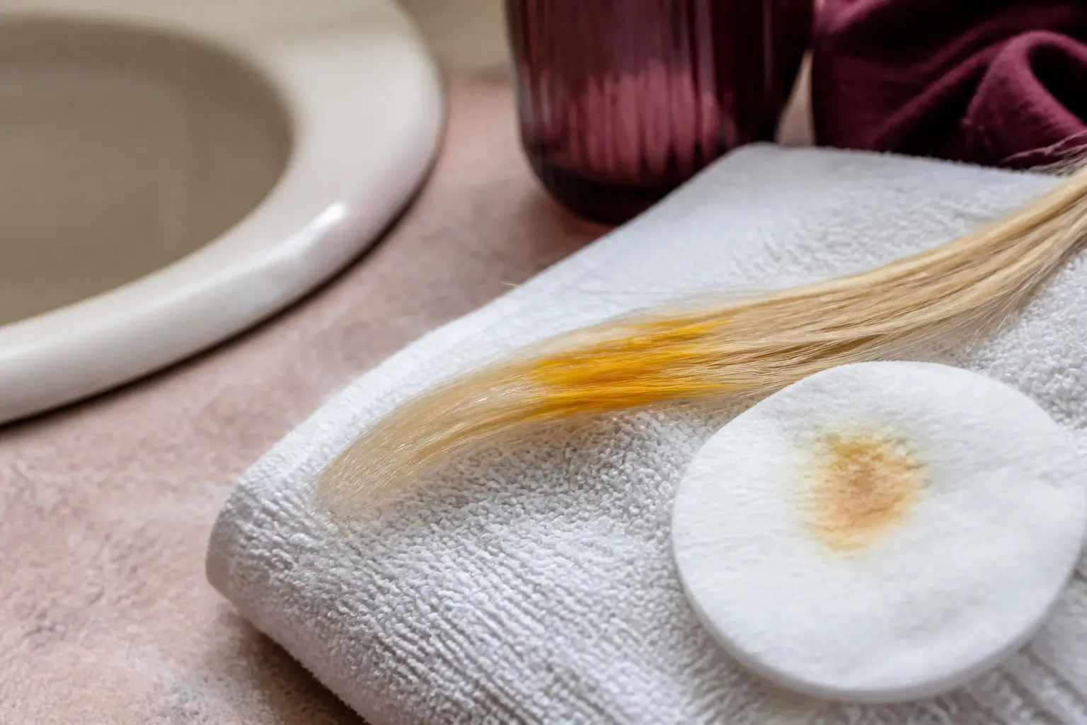 Effet bétadine sur cheveux colorés : mèche blonde tachée jaune-orange près d’un coton iodé dans une salle de bain.