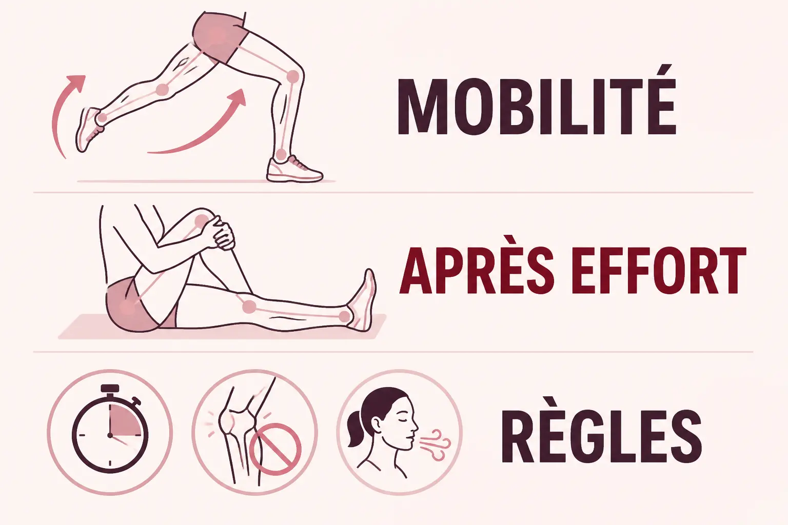 Infographie sur l’etirement des jambes : mobilité avant effort, récupération après effort et règles de sécurité.