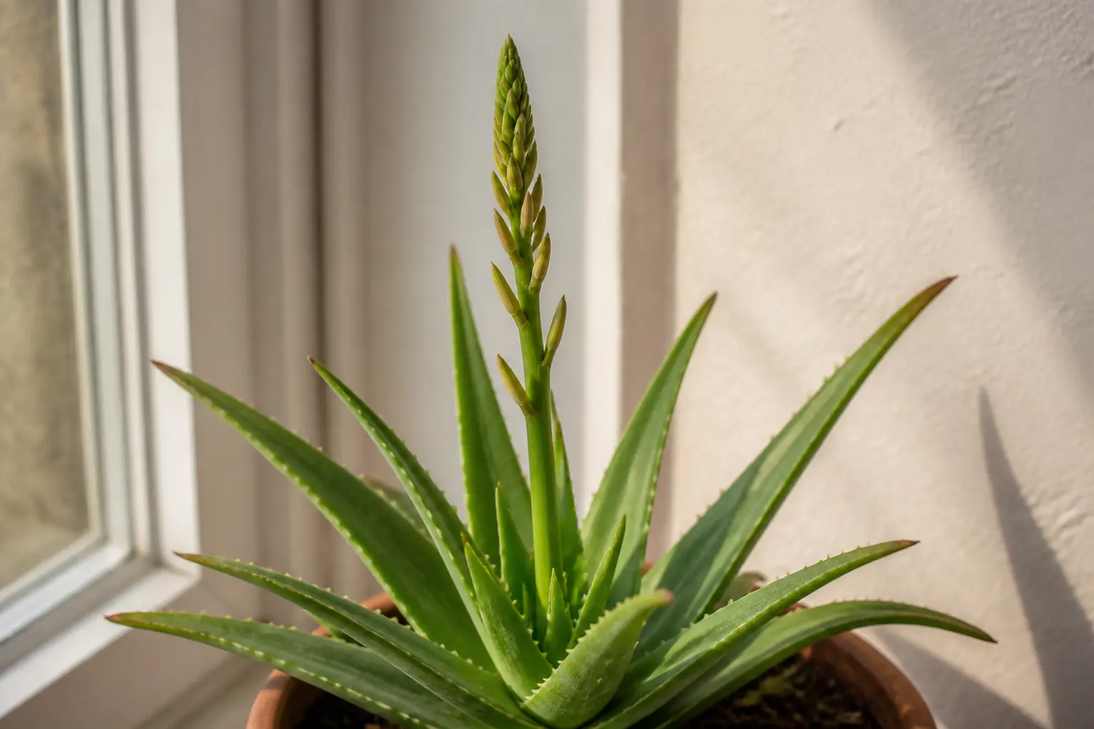 Fleur d'aloe vera sur un aloe mature en pot, hampe florale dressée au centre sur un rebord de fenêtre ensoleillé.