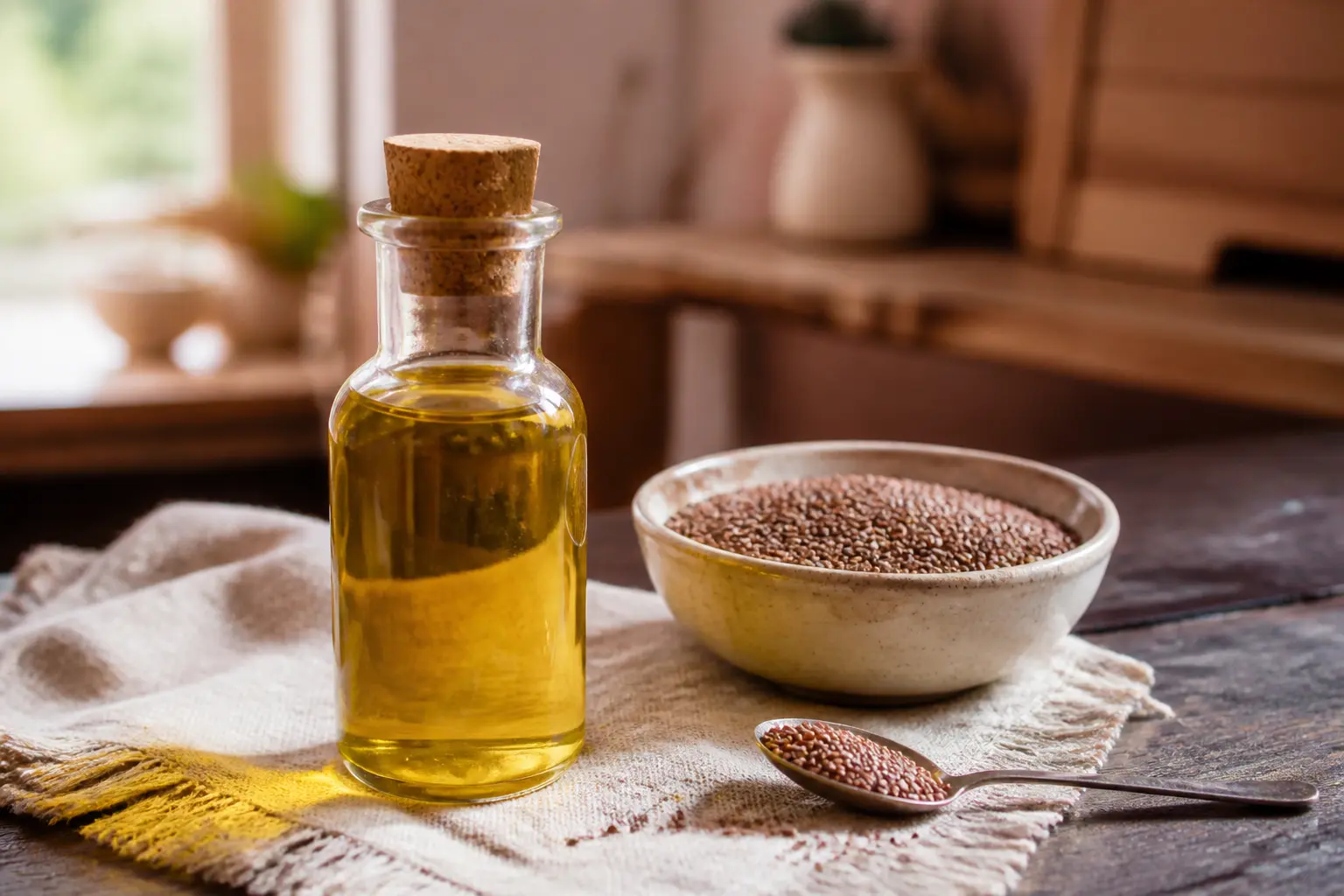 Huile de cameline bienfaits : bouteille d’huile dorée et graines de cameline dans une cuisine rustique, lumière douce.