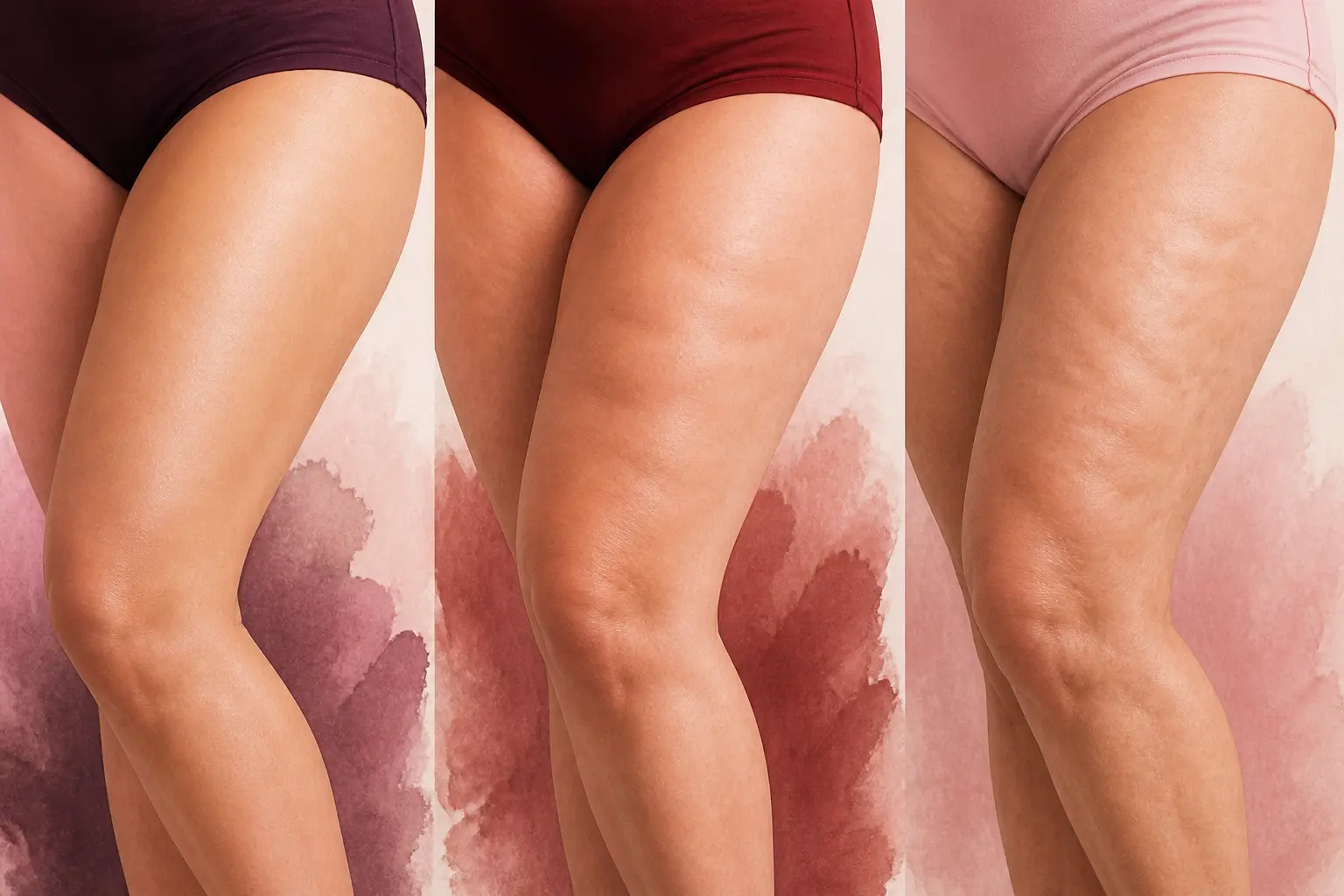 Illustration triptyque de cuisses et mollets aux textures variées, illustrant j'ai perdu toute ma cellulite avec réalisme.