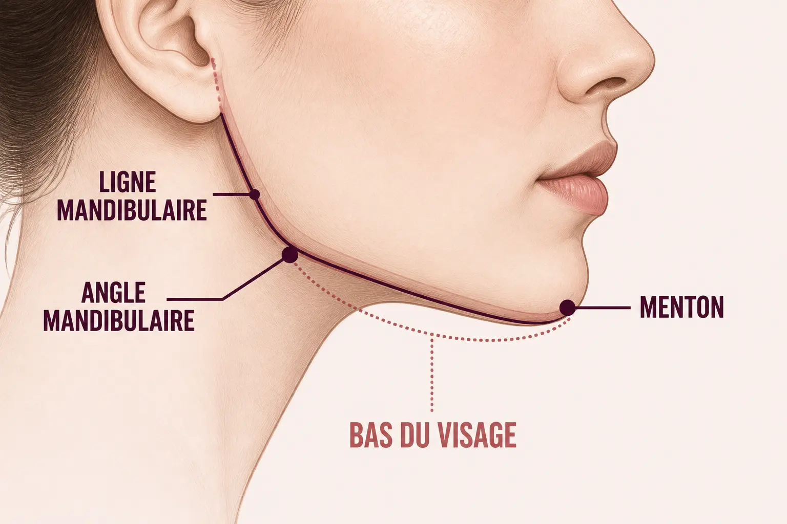 Schéma médical éditorial d’une jaw line féminine en profil, avec ligne mandibulaire, angle et menton annotés.