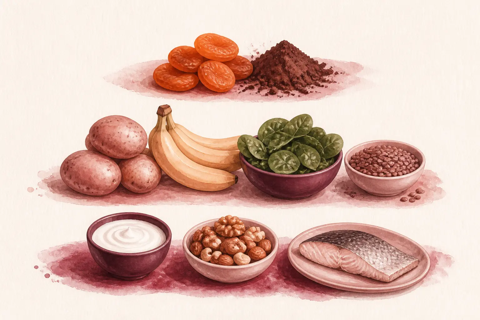 Illustration des 60 aliments riches en potassium : abricots, bananes, pommes de terre, épinards, lentilles, yaourt, noix et poisson.