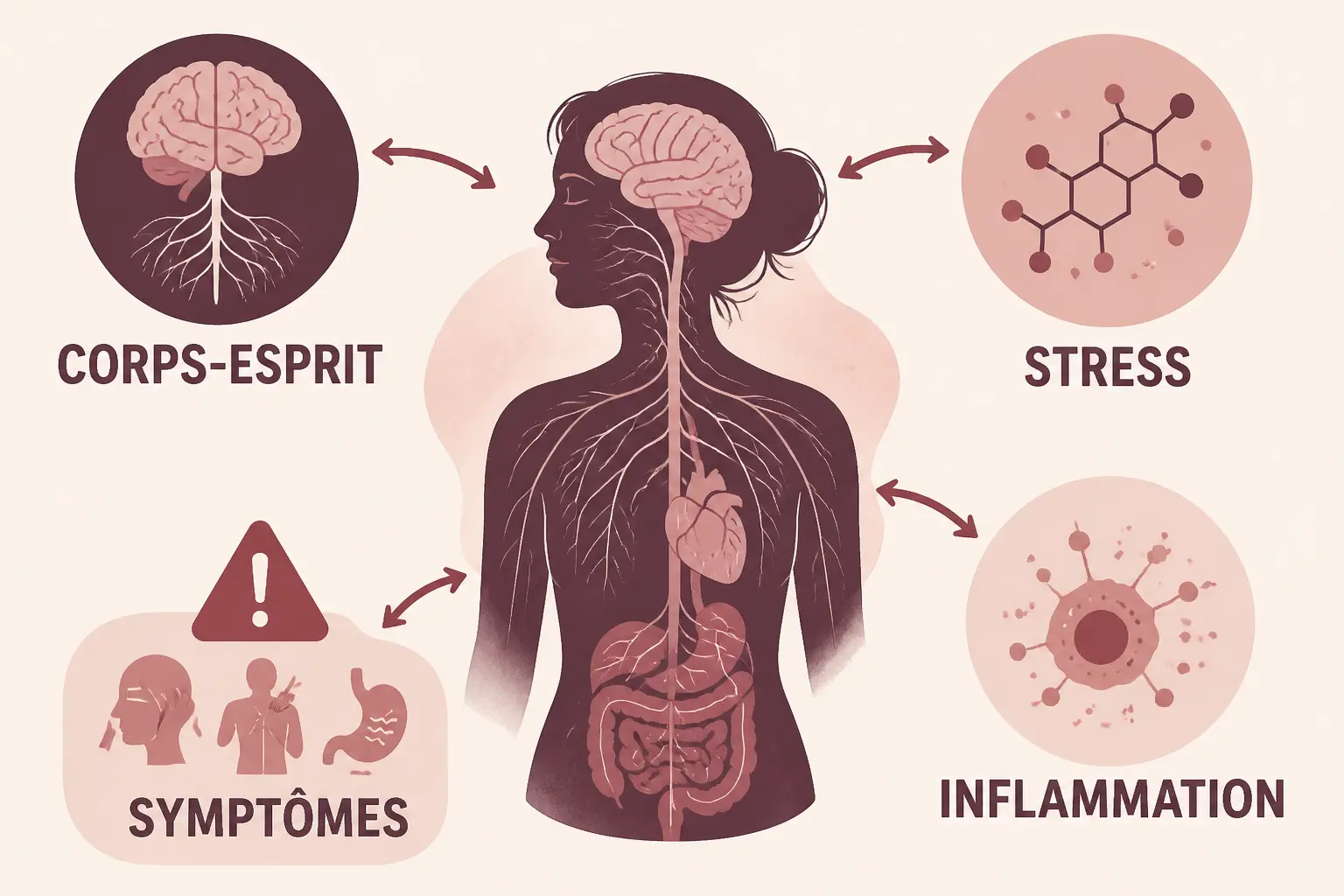 Infographie sur les maux du corps et leur signification : silhouette, cerveau, stress, inflammation et symptômes liés.