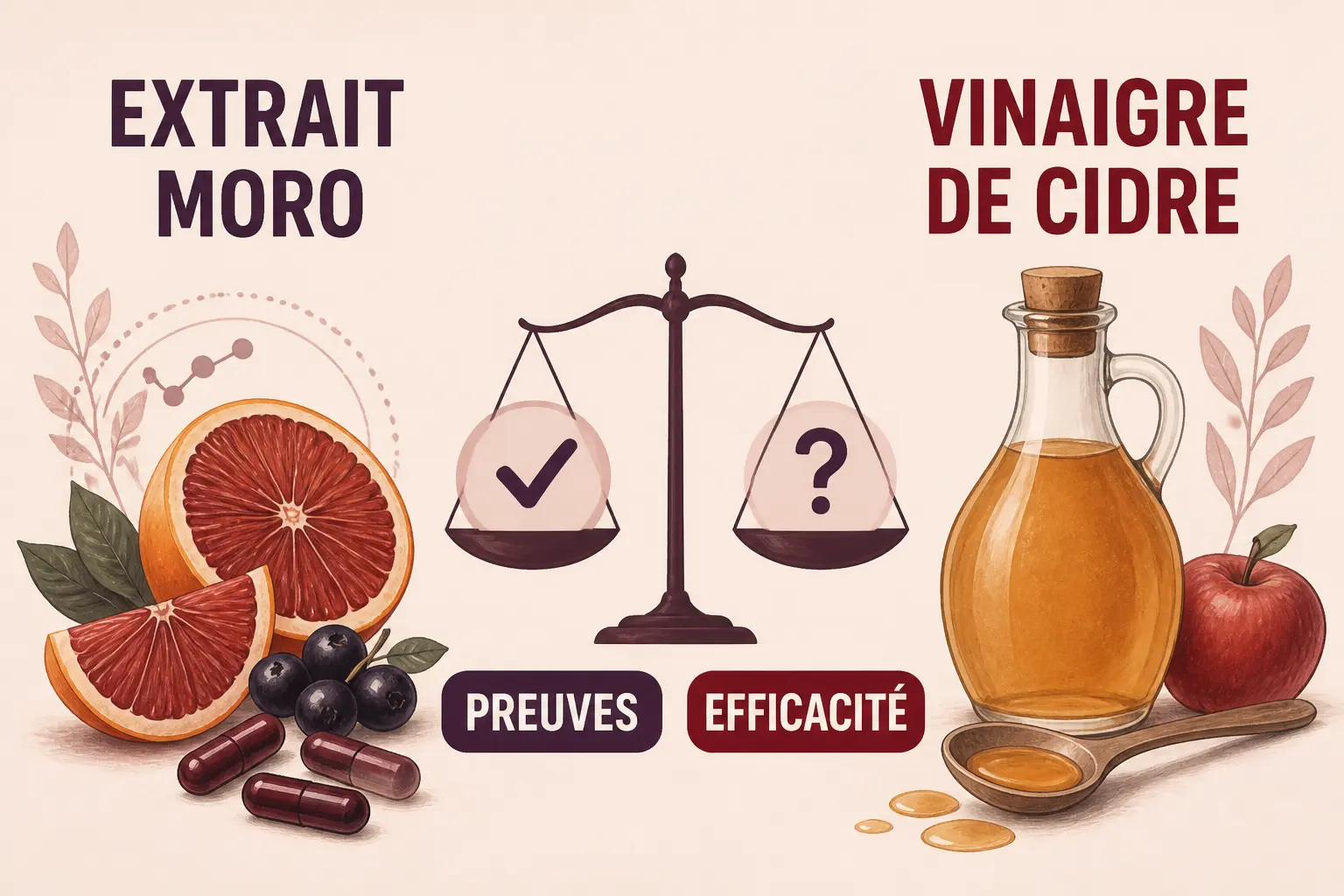 Infographie comparant morosil et vinaigre de cidre, avec capsules, oranges, bouteille, balance et mention des preuves d’efficacité.