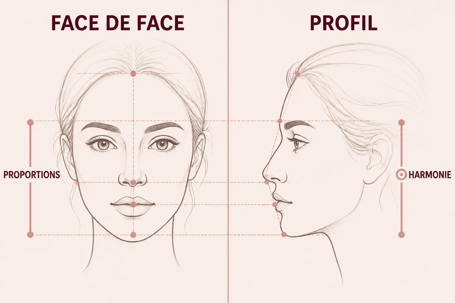 Infographie minimaliste comparant un nez parfait en face et en profil, montrant l’harmonie des proportions du visage.