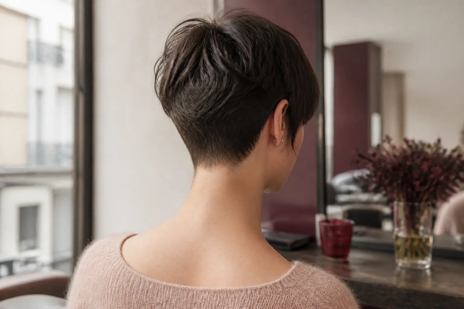 Nuque hyper stylée coupe courte femme moderne, coupe courte vue de dos dans un salon parisien lumineux, nuque nette et graphique