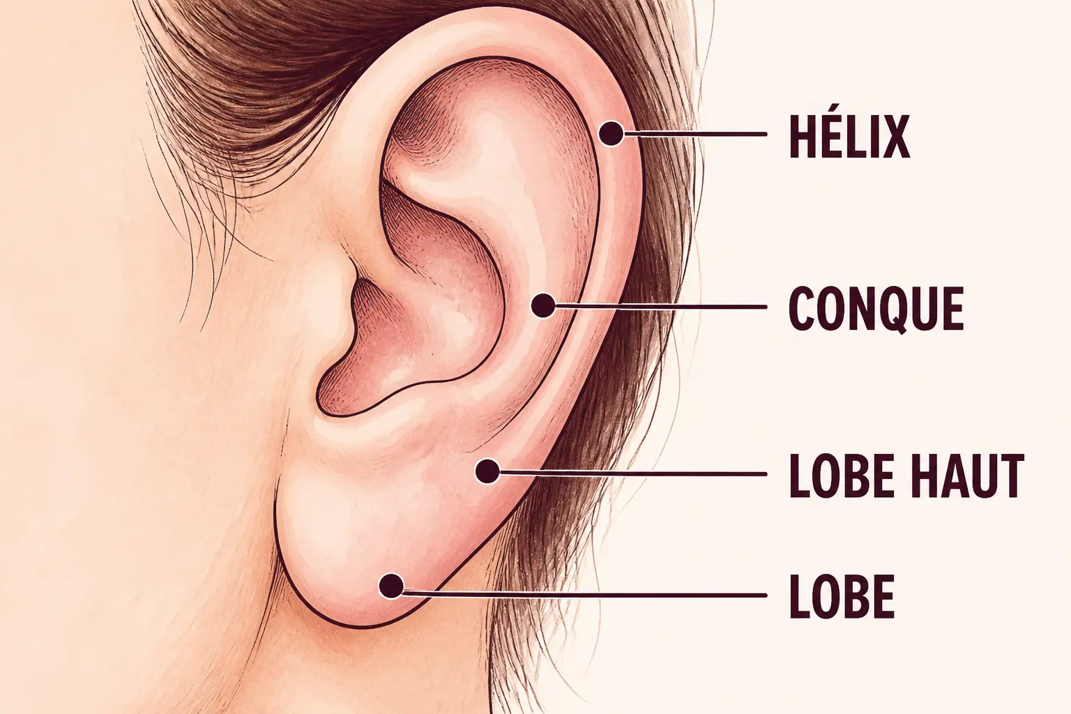 Schéma de piercing oreille nom avec zones de l’oreille légendées : lobe, lobe haut, hélix et conque.